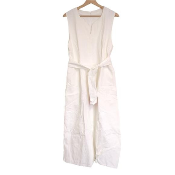 Ladyful Women's V Neck Solid Color Sleeveless Cotton Linen Dress M - Picture 2 of 9